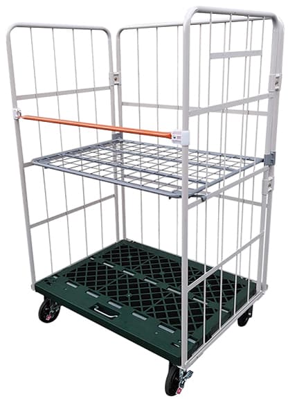 新品 カゴ台車(跳ね上げ中間棚付)
